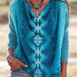 Casual Geometric Long Sleeve Cotton-Blend Top, Blouses, color:Blue|size:3XL, Noracora