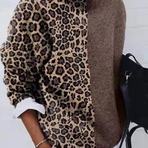 Khaki Leopard Print Long Sleeve Sweater, Sweaters, color:Khaki|size:3XL, Noracora