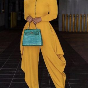 Long Sleeve V Neck Regular Fit Casual Plain Jumpsuit, Jumpsuits, color:Yellow|size:XXL, Stylewe