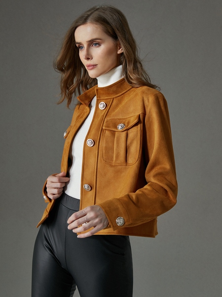 Regular Fit Polyester Stand Collar Long Sleeve Plain Urban Jacket, Jackets, color:Khaki|size:XXL, Stylewe
