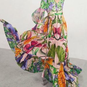 Floral Vacation V Neck Long Sleeve Maxi Dress With Belt, Maxi Dresses, color:Yellow|size:XXL, Stylewe