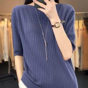 Crew Neck Short Sleeve Plain Regular Micro-Elasticity Loose Shirt For Women, Blouses, color:Light Blue|size:XXL, Noracora