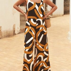 Women Sleeveless Cold Shoulder Loose Long Daily Casual Geometric Natural Jumpsuit, Jumpsuits&Rompers, color:Multicolor|size:XXL, Noracora