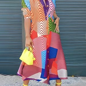 Loose Vacation Shirt Collar Chevron Midi Dress, Midi Dresses, color:Multicolor|size:XXL, Stylewe