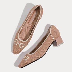 Simple Color Block Breathable Slip On Block Heel Shallow Shoes Embroidery, Flats/Loafers, color:Pink|size:40, Noracora