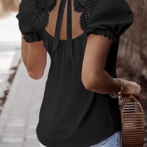 Puff Sleeve Eyelash Lace Patch Top, Blouses & Shirts, chicme - Women's Fashion Online