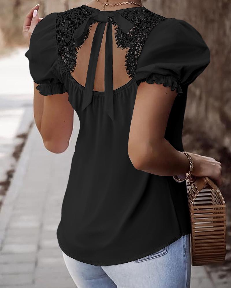 Puff Sleeve Eyelash Lace Patch Top, Blouses & Shirts, chicme - Women's Fashion Online