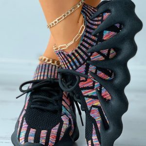Colorblock Lace-up Knit Breathable Sneakers, Sneakers, chicme - Women's Fashion Online