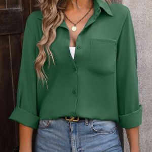 Shirt Collar Long Sleeve Plain Regular Loose Blouse For Women, Shirts, color:Green|size:XXL, catalog Noracora shop