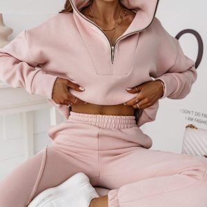 Stand Collar Zipper Design Top & Piping Pants Set, Two-piece Sets, chicme - Women's Fashion Online