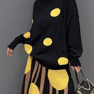 Long Sleeve Polka Dots Regular Fit Urban Sweater, Plus Tops, color:Yellow|size:4X, Stylewe