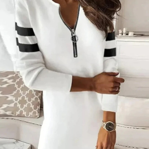 Women Striped Long Sleeve Comfy Casual Midi Sweashirt Dress, Dresses, color:White|size:XXL, Noracora