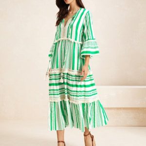 Women Ethnic V Neck Three Quarter Sleeve Comfy Boho Maxi Dress, Dresses, color:Green|size:XXL, Noracora
