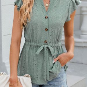 Notched Cap Sleeve Plain Buckle Regular Loose Shirt For Women, Blouses, color:Dark Green|size:XXL, Noracora