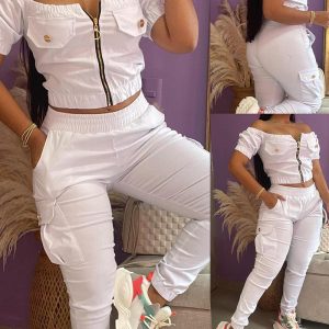 Off Shoulder Zipper Design Top & Cuffed Pants Set, Two-piece Sets, chicme - Women's Fashion Online