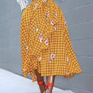 Pocket Stitching Regular Fit Plaid Urban Skirt, Skirts, color:Yellow|size:XXL, Stylewe