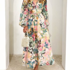 Floral Regular Fit V Neck Vacation Dress, Maxi Dresses, color:As Picture|size:XXL, Stylewe