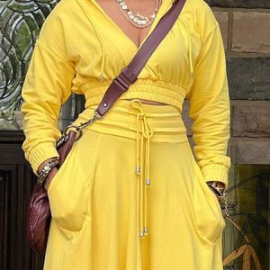 Plain Casual Loose Long Sleeve Crop Hoodie, Hoodies and Sweatshirts, color:Yellow|size:XXL, Stylewe