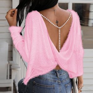 Beaded Strap Twisted Backless Fuzzy Top, T-shirt & Tees, chicme - Women's Fashion Online