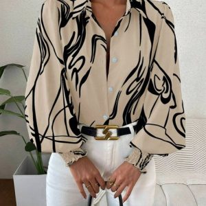 Shirt Collar Long Sleeve Geometric Regular Loose Blouse For Women, Blouses, color:Khaki|size:XXL, Noracora