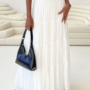 Casual Plain A-Line Natural Maxi Skirt, Skirts, color:White|size:XL, Noracora
