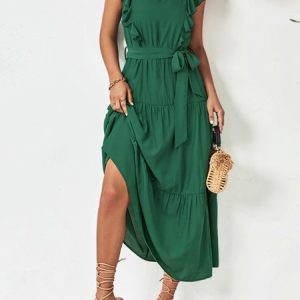 Women Plain Square Neck Short Sleeve Comfy Casual Midi Dress, Midi, color:Green|size:XL, catalog Noracora shop