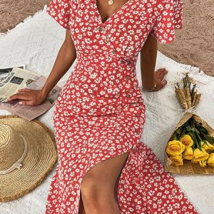 Women Small Floral V Neck Short Sleeve Comfy Casual Midi Dress, Dresses, color:Red|size:XL, Noracora