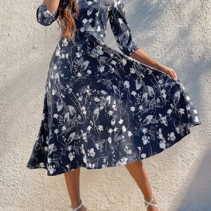 Women Floral Pattern V Neck Three Quarter Sleeve Comfy Vacation Maxi Dress, Dresses, color:Dark Blue|size:XXL, Noracora