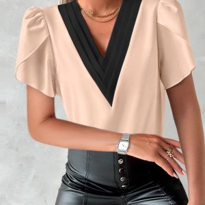 Contrast Paneled Petal Sleeve Top, T-shirt & Tees, chicme - Women's Fashion Online