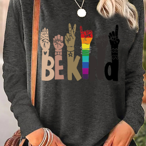 Womens Be Kind Print Casual Top, Long sleeves, Lilicloth.com