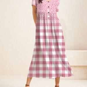 Women Plaid Crew Neck Short Sleeve Comfy Casual Buckle Maxi Dress, Dresses, color:Pink|size:XXL, Noracora