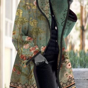 Vintage Flower Lake Lapel Mid Length Coat, Coats, color:Green|size:XXL, Noracora