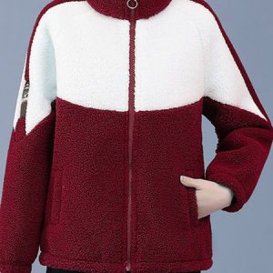 Stand Collar Long Sleeve Color Block Zipper Fleece Loose Teddy Jacket For Women, Coats, color:Red|size:3XL, Noracora