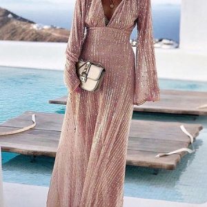 Women Plain Crew Neck Long Sleeve Comfy Casual Glitter Maxi Dress, Dresses, color:As Picture|size:XL, Noracora