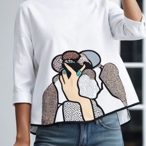 Daily Loose Stand Collar Abstract Casual Shirt, Blouses and Shirts, color:White|size:XXL, Stylewe