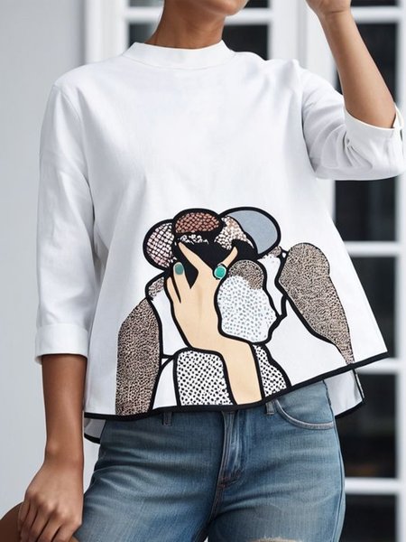 Daily Loose Stand Collar Abstract Casual Shirt, Blouses and Shirts, color:White|size:XXL, Stylewe