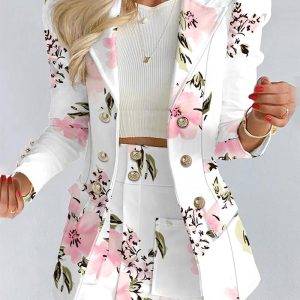 Floral Print Puff Sleeve Double Breasted Blazer Coat & Skirt Set, blazer set, chicme - Women's Fashion Online