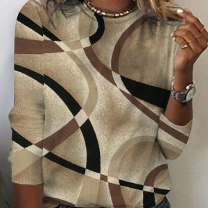 Geometric Tight Crew Neck Casual T-Shirt, Long sleeves, Lilicloth.com
