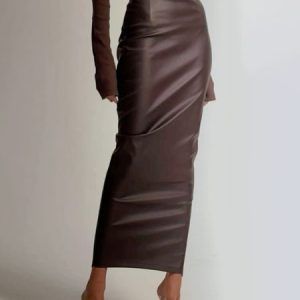 Pu Urban Regular Fit Faux Leather Skirt, Skirts, color:Brown|size:XXL, Stylewe