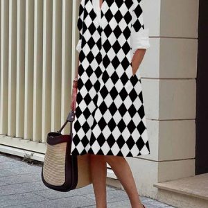 Long sleeve Geometric Shirt Collar Urban Regular Fit Dress, Midi Dresses, color:White|size:XXL, Stylewe