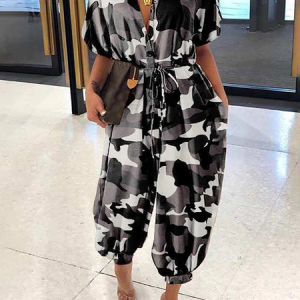 Loose Lightweight Short sleeve Camo Others Casual Jumpsuit, Jumpsuits, color:Black|size:XXL, Stylewe
