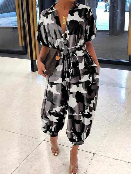 Loose Lightweight Short sleeve Camo Others Casual Jumpsuit, Jumpsuits, color:Black|size:XXL, Stylewe