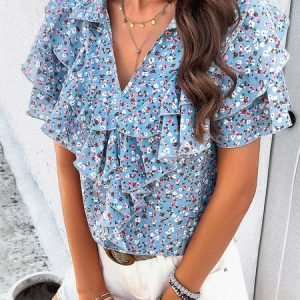 V Neck Short Sleeve Floral Regular Loose Shirt For Women, Blouses, color:Blue|size:XL, Noracora