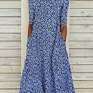 Women's A Line Dress Midi Dress Blue Half Sleeve Floral Ruched Print Summer Fall Crew Neck Casual Modern Dress, Midi, color:Blue|size:XXL, Noracora