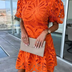 Women Plain Stand Collar Short Sleeve Comfy Casual Short Dress, Dresses, color:Orange|size:XXL, Noracora