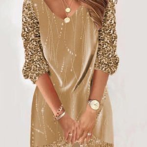 Women Christmas Long Sleeve Comfy Casual Glitter Midi Dress, Dresses, color:Khaki|size:XXL, Noracora