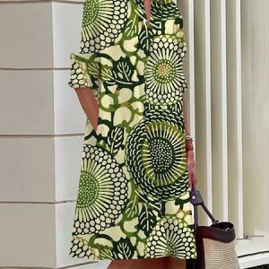 Daily Long Sleeve Regular Fit Urban Shirt Dress, Midi Dresses, color:Green|size:XXL, Stylewe