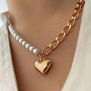 Valentine's Day Openable Heart Elegant Imitation Pearl Chain Necklace, Necklaces, color:As Picture|size:One-size, Stylewe