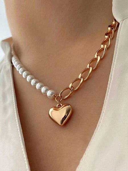 Valentine's Day Openable Heart Elegant Imitation Pearl Chain Necklace, Necklaces, color:As Picture|size:One-size, Stylewe