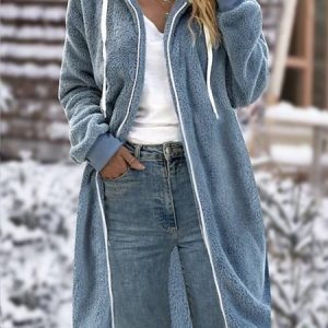 Hoodie Long Sleeve Color Block Zipper Thicken Loose Teddy Jacket For Women, Coats, color:Blue|size:XXL, Noracora
